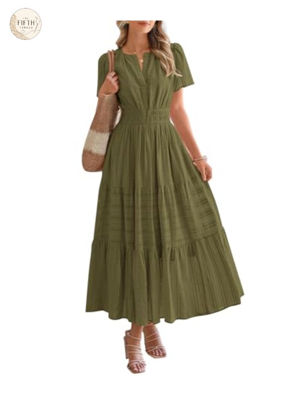 Womens Casual Boho Maxi Dress Short Sleeve V-Neck Tiered Ruffle Pockets